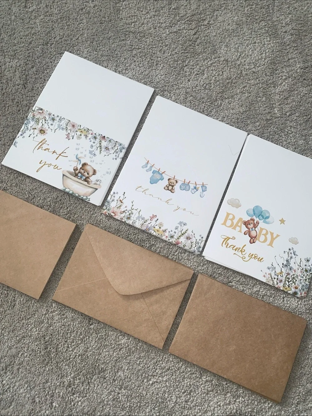 24 Baby Shower Thank‎ You Cards With Envelopes Teddy Bears Floral Brown Blue